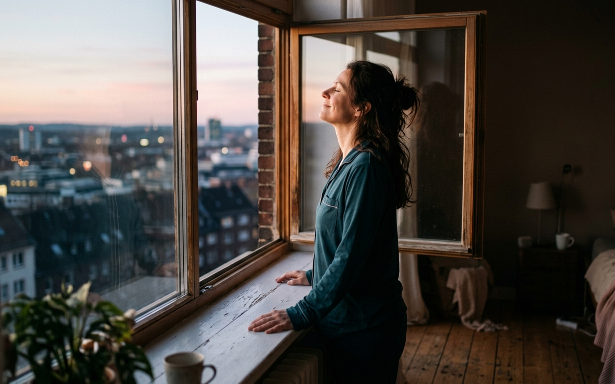 Frau schaut morgens aus dem Fenster über die Stadt