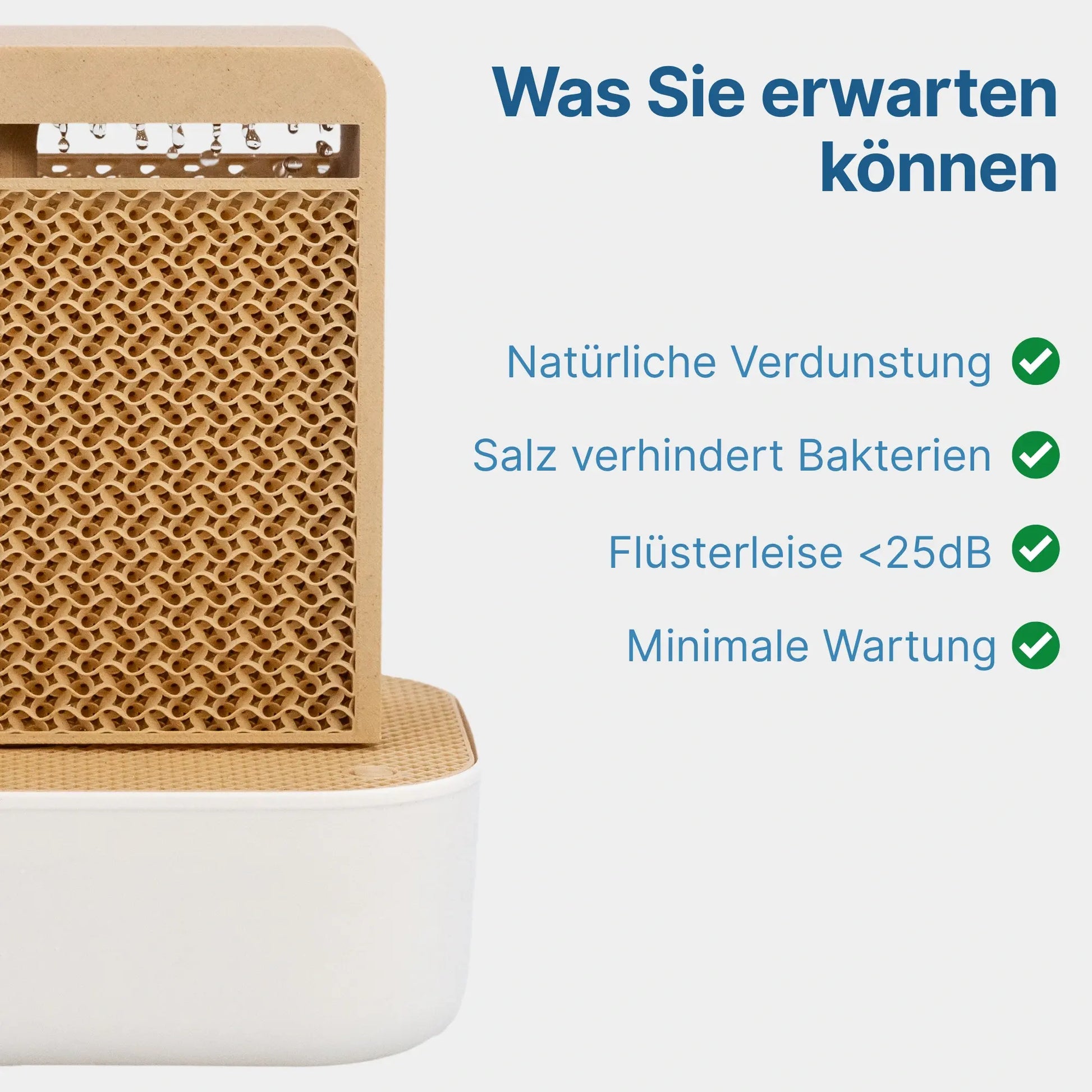 Salino Aura Mini-Saline mit Wassertank und Verdunstungselement; Werbegrafik mit den Vorteilen natürliche Verdunstung,flüsterleise unter 25 dB und minimale Wartung.