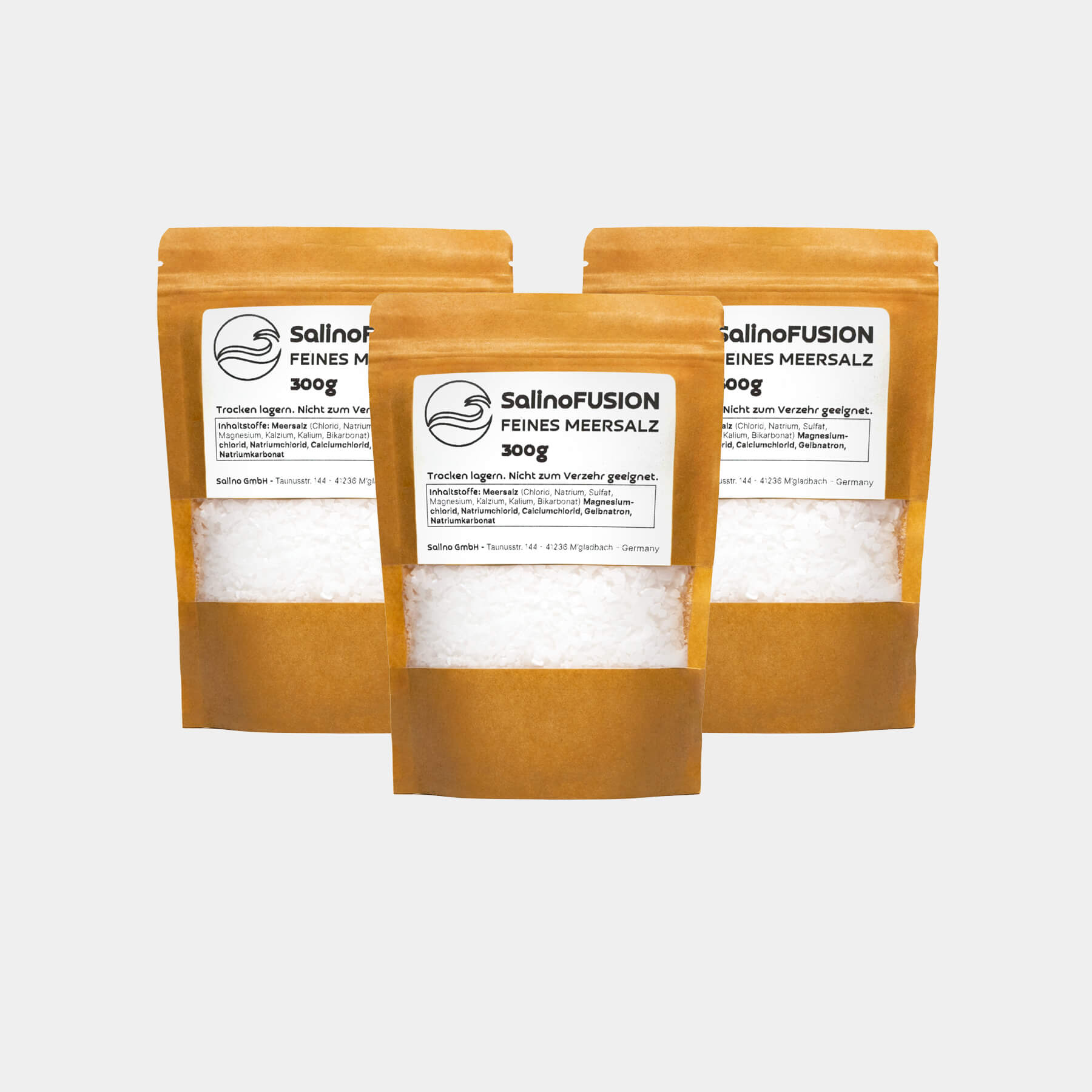 Drei Packungen SalinoFUSION feines Meersalz 300 g