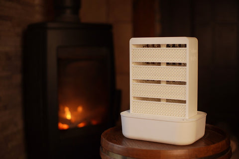 SalinoVati's Vita in chalk in front of a modern heating stove